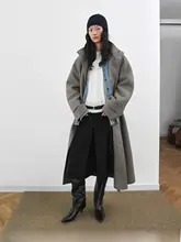 ウール混 ツートンデザインの立ち襟ロングダッフルコート【ダブルフェイス・羊毛・キャメルウール】