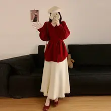 大きいサイズ レディース 秋冬用 素敵なウエストリボンVネックニットセーターとスカートの2点セット（セットアップ対応）