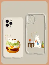 可愛いウサギとハンバーガーのイラスト入りスマホケース【iPhone用・透明・衝撃吸収・カートーンデザイン】
