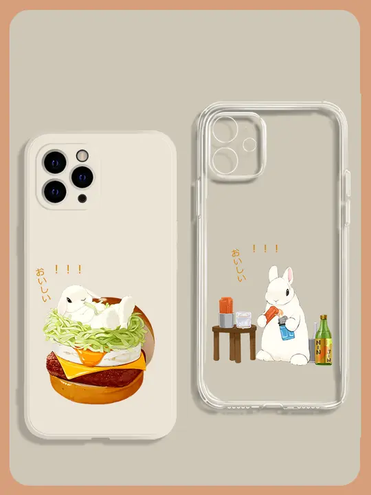 可愛いウサギとハンバーガーのイラスト入りスマホケース【iPhone用・透明・衝撃吸収・カートーンデザイン】
