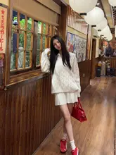 麻の編み模様の襟付きニットセーター【女性用・Vネック・したスタイル・ポロシャツ】（セットアップ対応）