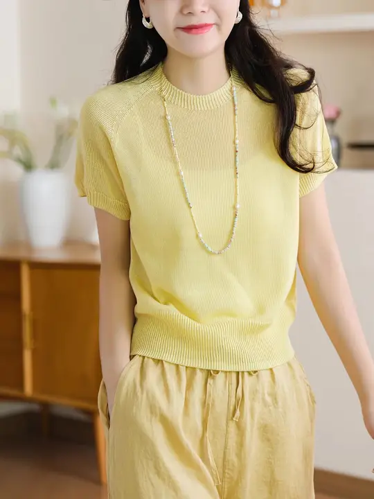 涼感素材のラウンドネック半袖Tシャツ【無縫製・女性用・リブ襟・肩落ちデザイン】