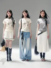 星芒の小馬デザイン コットン混合ドット柄 手描きプリントのラグランショートスリーブTシャツ