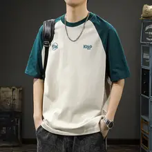 カジュアルなプリントのラグラン半袖Tシャツ【夏用・色分けデザイン・ゆったりフィット】