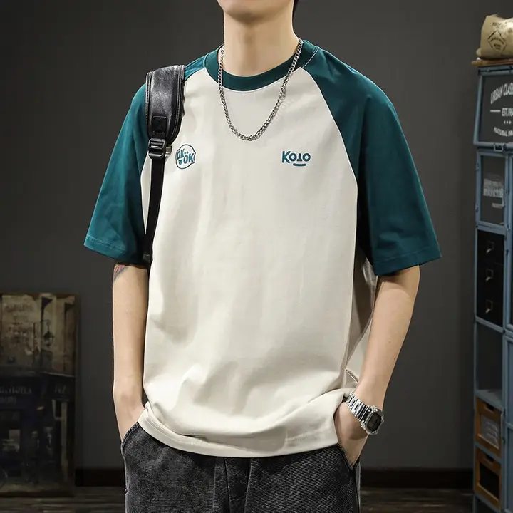 カジュアルなプリントのラグラン半袖Tシャツ【夏用・色分けデザイン・ゆったりフィット】