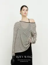 ストライプ柄の長袖Tシャツ【肩出しデザイン・ラウンドネック・女性用】