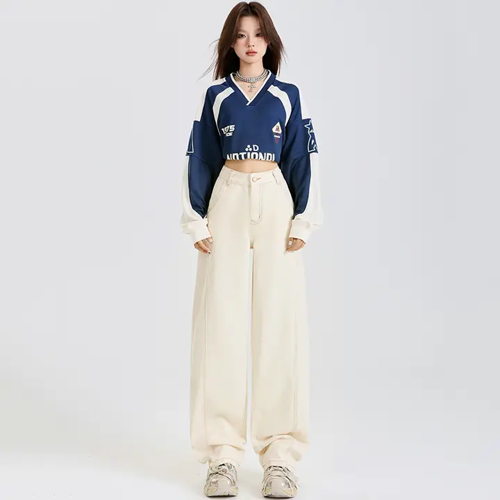 レディース 春用 ベージュワイドデニムパンツ【高腰・フィット・ロング丈】