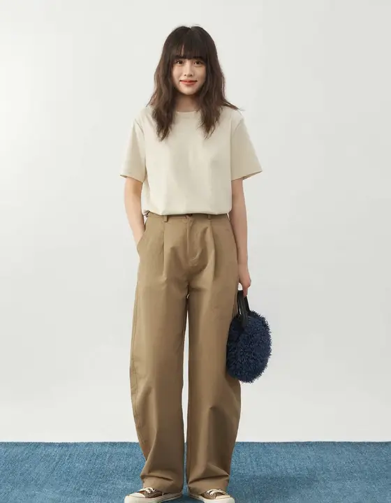 北岛AMUU ラウンドネック ゆったりフィット 無地 半袖Tシャツ レディース 夏用 シンプルカジュアル