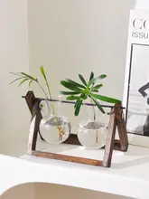 モダンな木製スタンドのガラス花瓶【水耕栽培・観葉植物用・デスクトップ装飾】