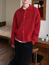 ニットカーディガン メンズ 襟付き 赤 韓流 お正月 迎春 お祝い 婚約 冬
