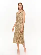 榛果カフェチェックデザインのメッシュワンピース【リゾート風・ロングスカート・レトロデザイン・ノースリーブ】