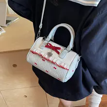 甘いリボン付きハンドバッグ【レースエッジ・夏用・キャンバス・斜め掛け】