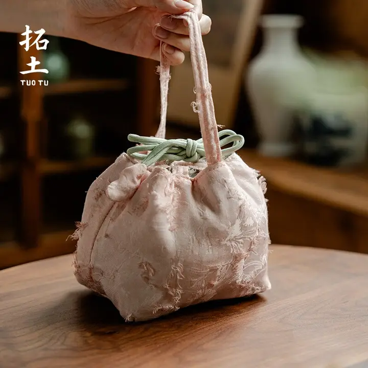 中国風デザインの天竺織りタッセル付きトートバッグ【茶具収納・旅行用】