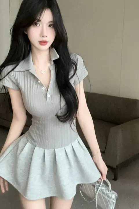 カジュアルスポーツ風半袖POLOワンピース【春夏用・ウエスト絞り・Aライン】