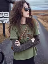 デザイン性のあるバイカラー縞模様のフェイク二重長袖Tシャツ【大きいサイズ・コットン・ゆったりシルエット】（セットアップ対応）