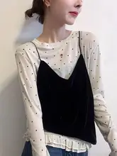 ドット柄長袖Tシャツ【レディース・シルクベルベット・キャミソール付き・春用】（セットアップ対応）