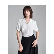 デザイン性のある女性用 半袖白シャツ【パフスリーブ・オフィス・面接用】（セットアップ対応）