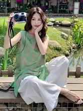 新中式国風 緑の印花無袖トップスとワイドパンツ【美しいデザイン・高級感・春夏用】（セットアップ対応）