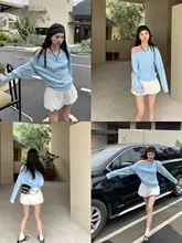 斜め肩の長袖Tシャツ【秋用・フィット・オフショルダー・女性用】