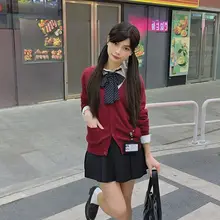 学院風レッドニットカーディガンとハイウエストAラインスカート【JKスタイル・ニットセットアップ対応】