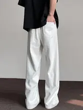 デニムパンツ ユニセックス ホワイト シンプル ルーズ ストレート ドレープ フルレングス カジュアル ストリート 夏 「BWKA」
