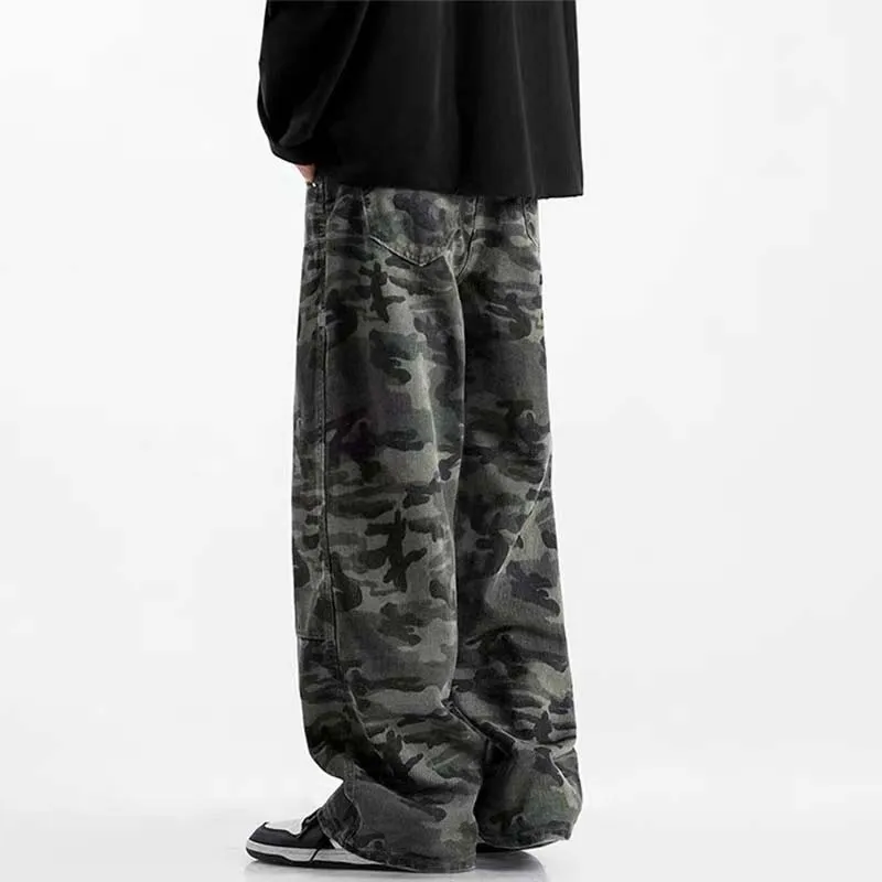 カモフラージュデザインのレディースワイドレッグデニムパンツ：レトロスタイルで秋の日常を快適に
