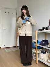 冬の日にぴったりなリボン付き犬柄セーターカーディガン【女性用・ゆったりニット】