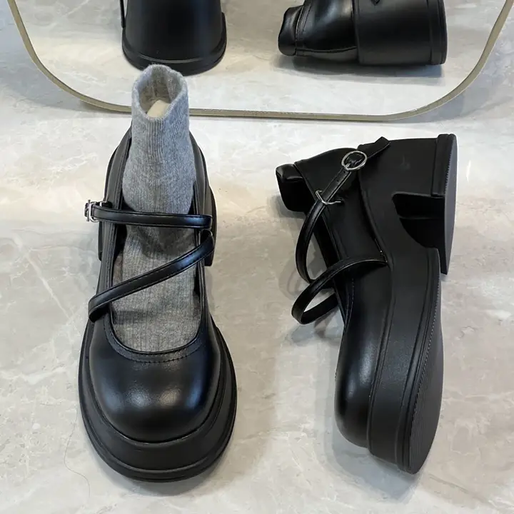 牛革製 厚底マリジェンシューズ【イギリス風・太ヒール・ラウンドトゥ】