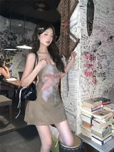バタフライプリントキャミソールワンピース【夏用・ウエストマーク・レトロAライン】