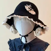 手作りリボン付きレースフック針編みフィッシャーハット【秋冬用・黒】
