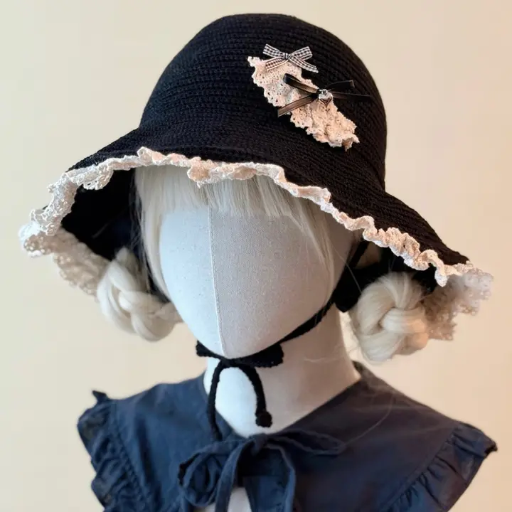 手作りリボン付きレースフック針編みフィッシャーハット【秋冬用・黒】