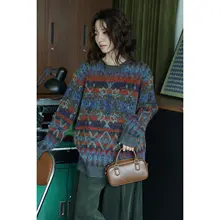 ニット セーター レディース フェアアイル柄 ウール クルーネック プルオーバー ゆったり ヴィンテージ おしゃれ きれいめ 秋冬