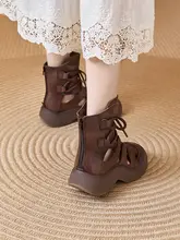 真皮厚底透かしデザイン涼靴【女性用・ヴィンテージスタイル・ショートブーツ】