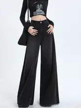 ブラックグレー 高腰ワイドデニムパンツ【春秋向け・ルーズフィット・ビンテージスタイル】