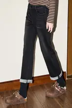 KUNMAV 黒色 ウォッシュド 加フリースデニムパンツ【高腰・スリムフィット・カジュアルストレート】