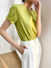 優雅なデザイ ン！アボカドグリーン・ホワイト・ブラックのサテンコットン半袖Tシャツ【ラウンドネック・Vネック・ゆったりフィット】