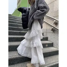 甘いデザインの白色ハイウエストAラインスカート【不規則レースフリル・秋用】