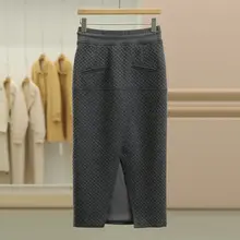 ハイウエストチェック柄スリムフィットスカート【裏地付き・冬用】