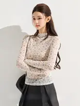 高襟フラワープリント透け感ありタイトフィット長袖Tシャツ【春季・レトロデザイン・インナー対応】