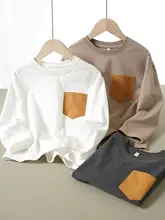 子供用コットンTシャツ【カラーブロックポケット・ラウンドネック・春秋用】