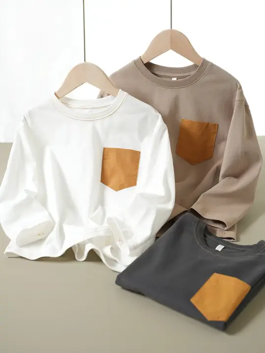 子供用コットンTシャツ【カラーブロックポケット・ラウンドネック・春秋用】