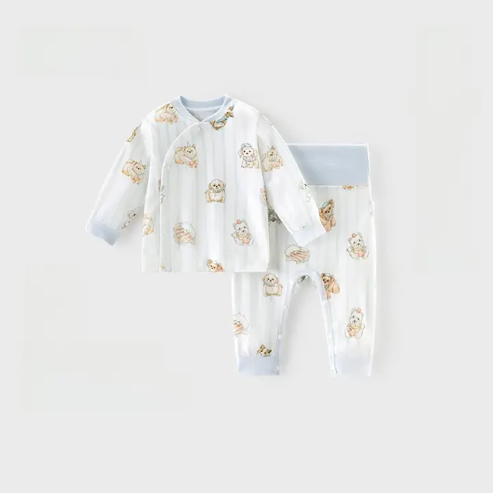 ベビー服 2点セット キッズ 男の子 女の子 綿100% くま柄 ハイウエスト お腹カバー 着脱簡単 春秋