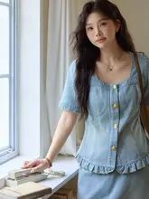 デザイン性に優れたデニムの女性用二点セット【夏季用・ビンテージスタイル・大きいサイズ】（セットアップ対応）