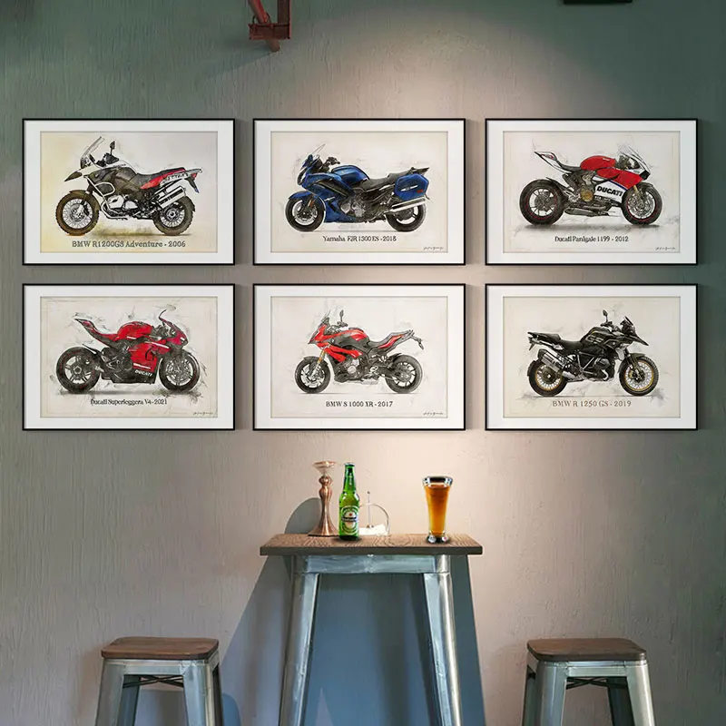渋いバイクをテーマにしたモーターサイクルアートパネル：工業風デザインの空間融合