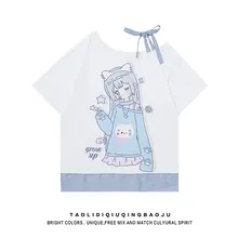 二次元キャラクター柄の短袖Tシャツ【ゆったりフィット・肩出し・チェック柄】（セットアップ対応）