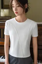 白色Tシャツ レディース 短袖 インナー用 丸首フィットトップス【フィッシュボーンデザイン・スリムフィット・ショート丈】