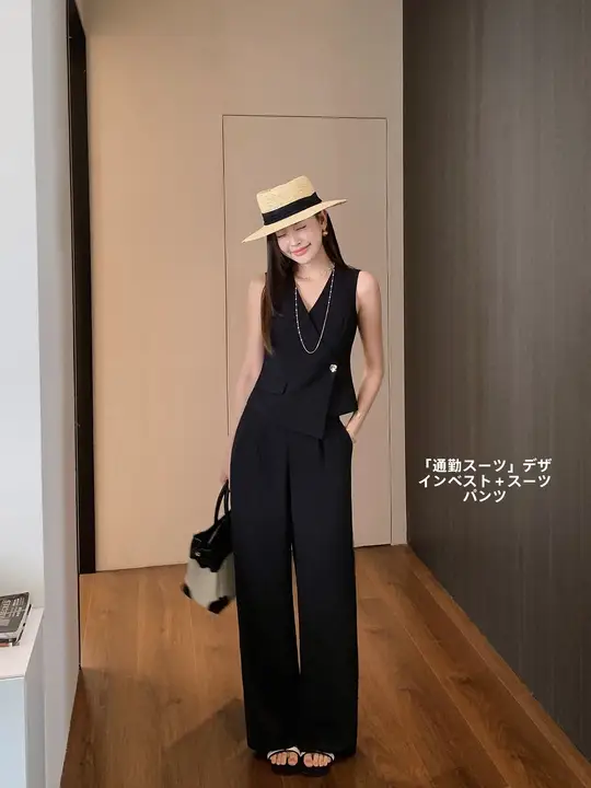通勤に最適！ジャケットベストとワイドパンツの女性用スーツ【夏用・２点セットアップ対応】