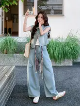 ヴィンテージビーズ装飾デニムベストとパンツのコーディネート（セットアップ対応）