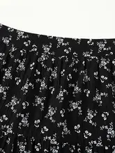 黒いフラワープリントのシフォンハイウエストAラインロングスカート【春用】