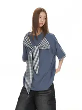 ウエストリボンデザインのゆったりラウンドネック半袖Tシャツ【レトロチェック・カジュアルスタイル】